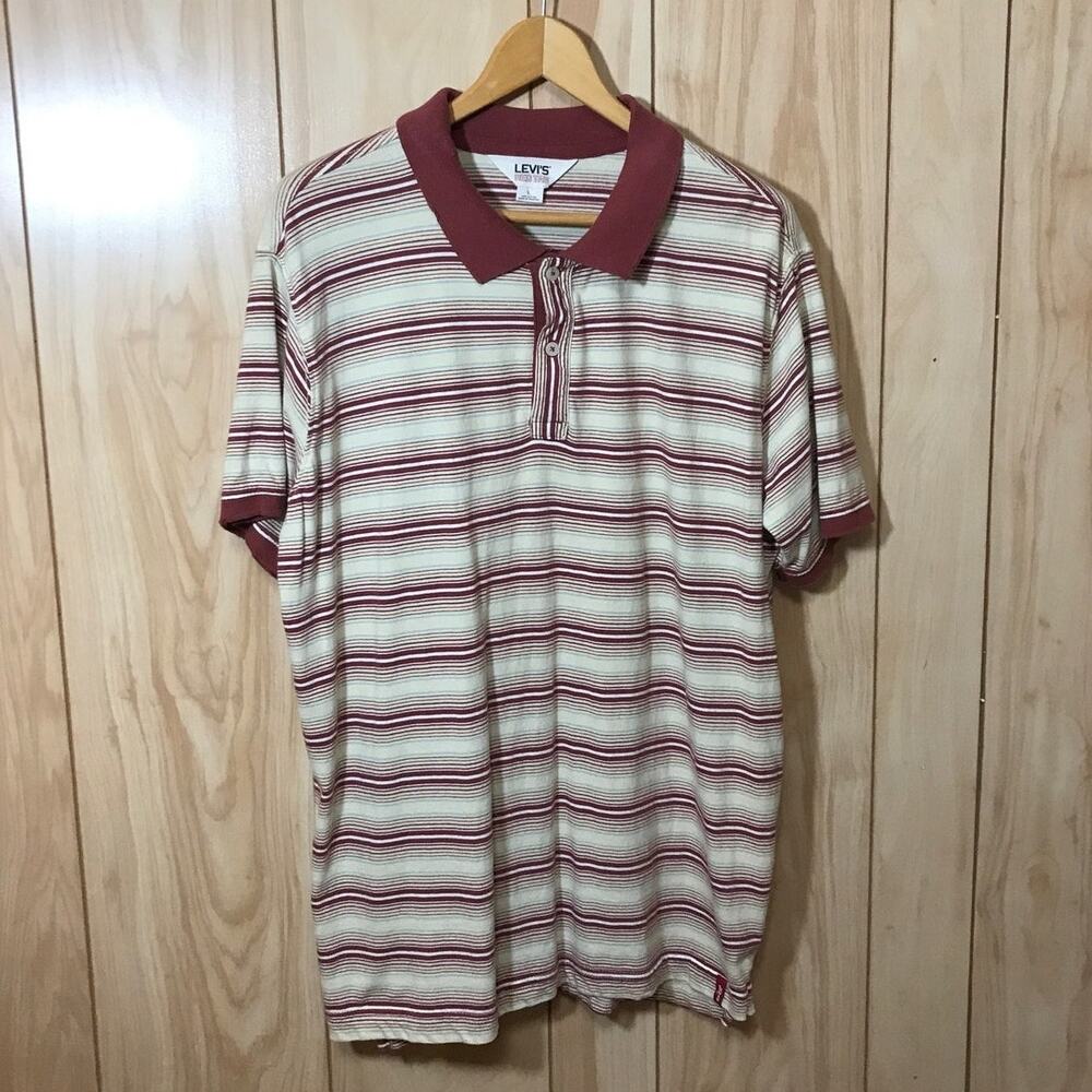 Vtg Levis Multi Stripe Knit Polo Shirt Mens L Maroon Beige Retro Casual Cotton